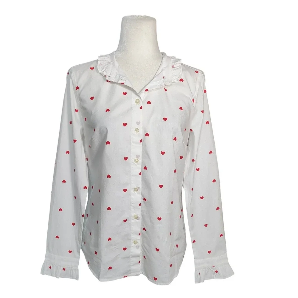 J.‎ Crew NEW Heart Print Button Down Shirt White Ruffle Collar Cute Small NWT